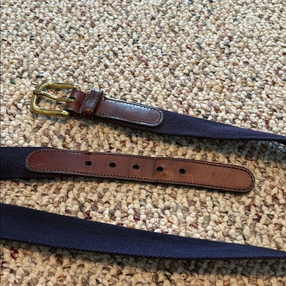 Vintage Brown and Navy Belt with Brass Buckle. Fabric & Leather. 36
